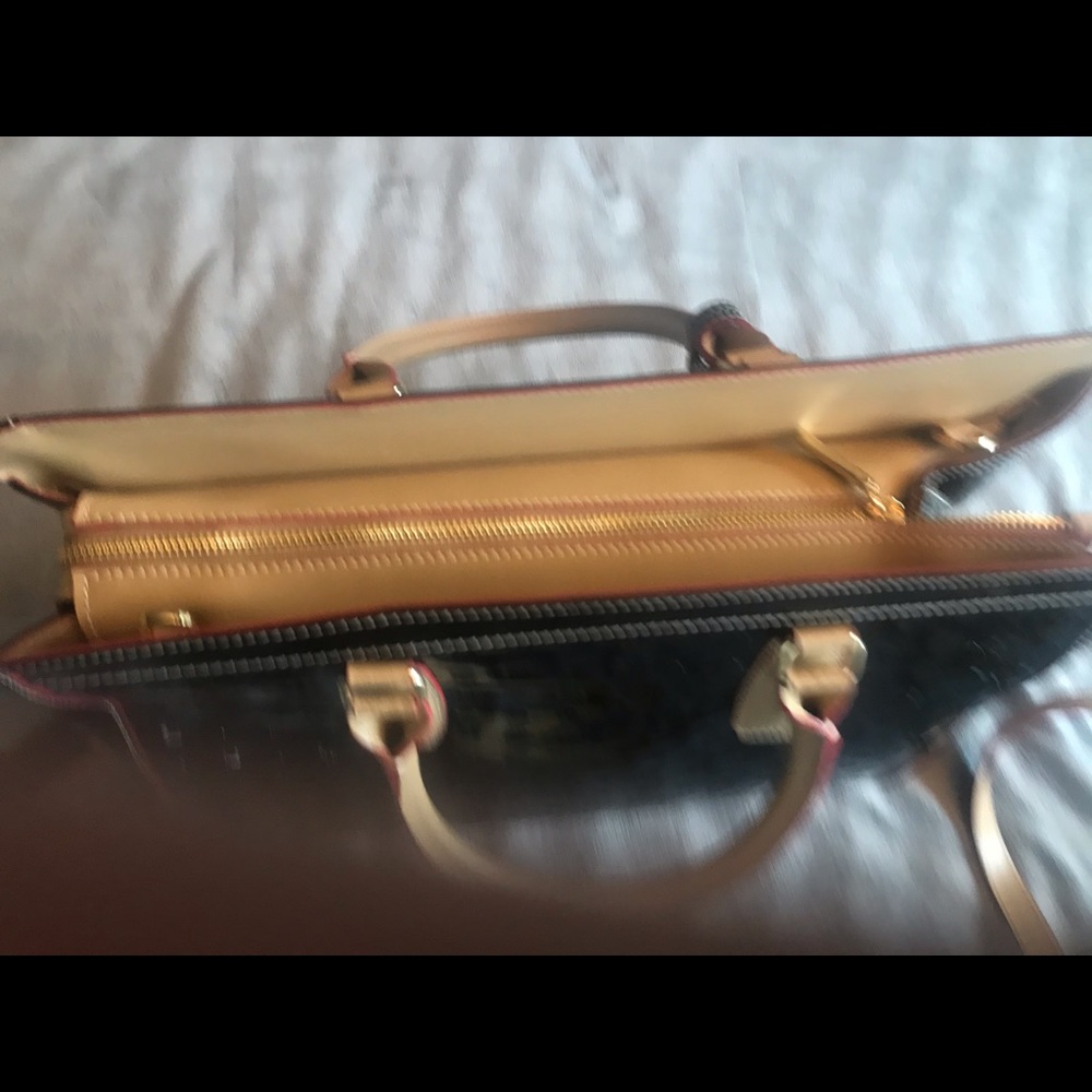 Black leather handbag.